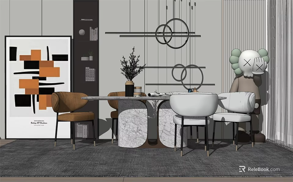 Modern Dining Table Set with Brown White Chairs Marble Top Geometric Decor and Green Plant 3d model 