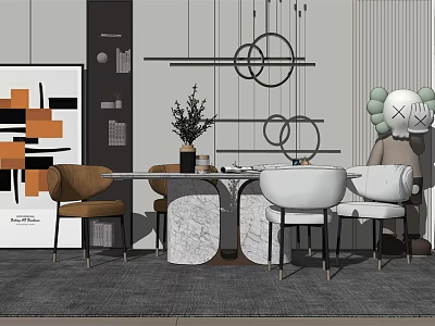 Modern Dining Table Set with Brown White Chairs Marble Top Geometric Decor and Green Plant 3d model