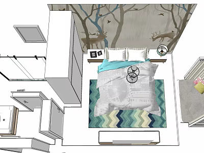 Bedroom Interior Design With Bed Colorful Rug Tree Branch Wallpaper And Wardrobe 3d model