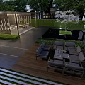 Residential Landscape With Modern Building Pavilion Greenery Lighting And Outdoor Seating Area