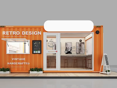 Retro Design Container Building For Vintage Handcraft Shop With Bar Stools And Small Plants 3d model