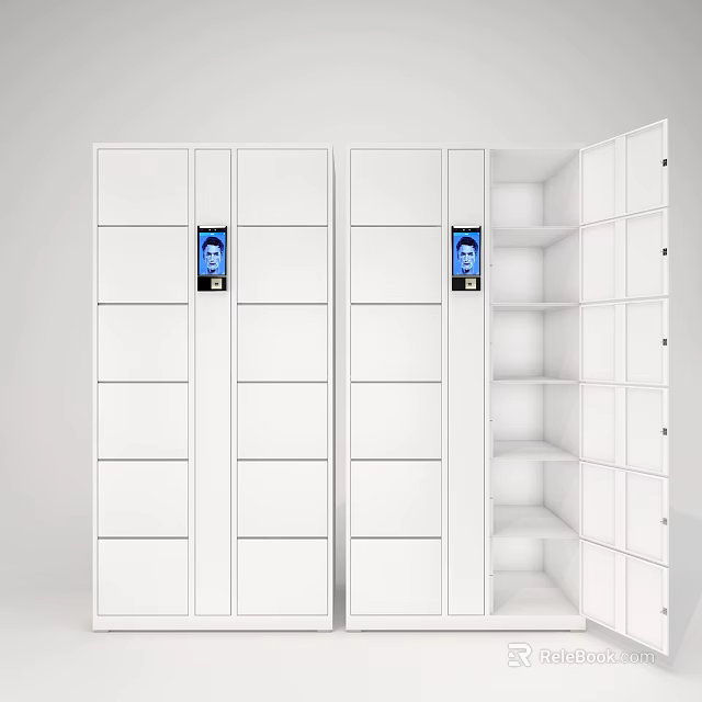 Modern White Bookcase Design With Multiple Cabinets Open Shelves And Blue Panels 3d model