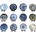 Decorative Plates Wall Display With Blue White And Colorful Patterns On Stands