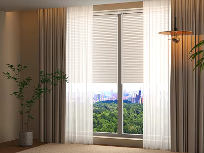 Elegant Modern Curtains And Blinds For Window With City View And Green Landscape 3d model