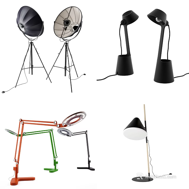 Modern Floor Lamps With Adjustable Structures Tripod Bases And Colorful Designs 3d model 