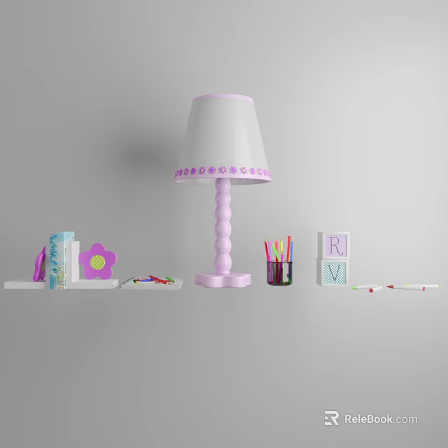 Pink Table Lamp with White Shade on Shelf with Books Colored Pencils and Alphabet Blocks 3d model 
