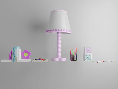 Pink Table Lamp with White Shade on Shelf with Books Colored Pencils and Alphabet Blocks 3d model