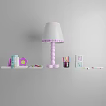 Pink Table Lamp with White Shade on Shelf with Books Colored Pencils and Alphabet Blocks