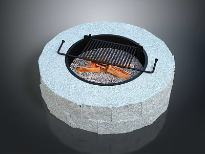 Outdoor Circular Stone Fire Pit With Burning Wood And Metal Grill 3d model