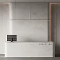 Minimalist White Reception Desk With Gray Wall Upper Cabinets And Reception Sign