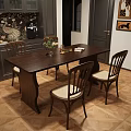 Dark Wooden Dining Table Set with Four Wooden Frame Chairs and Light Cushions