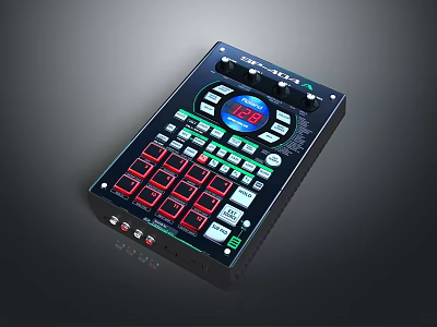Professional Audio Mixer Controller With Red Green Buttons Circular Blue Display And Knobs 3d model