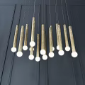 Modern Golden Brass Hanging Chandelier With Slim Cylindrical Tubes And White Light Sources