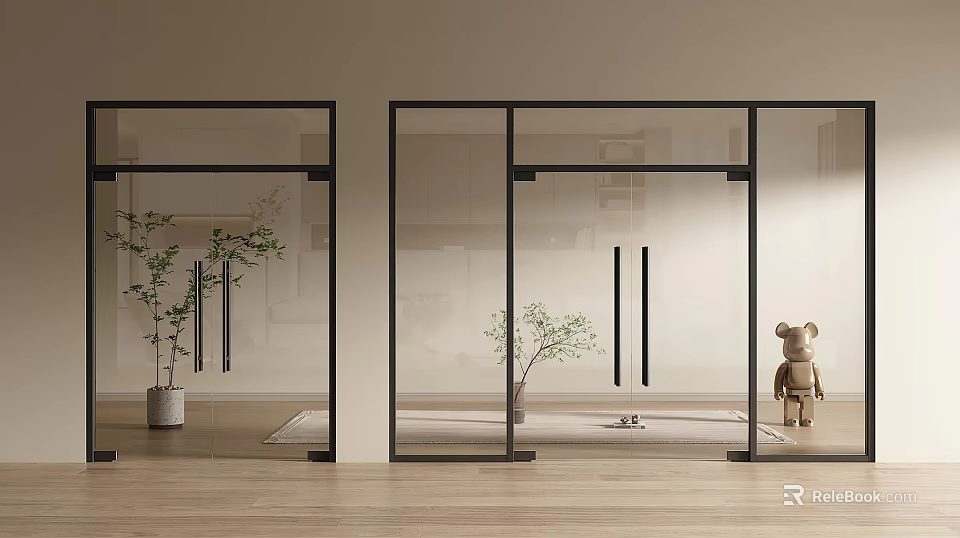 Modern Interior With Double Glass Doors Black Frames Wooden Floor And Green Plant 3d model 