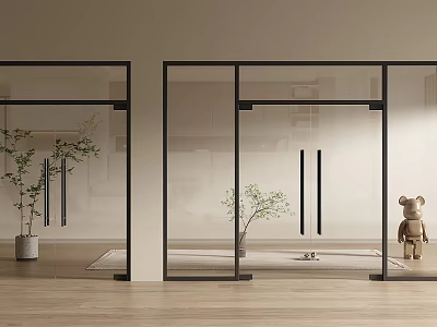 Modern Interior With Double Glass Doors Black Frames Wooden Floor And Green Plant 3d model