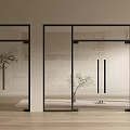 Modern Interior With Double Glass Doors Black Frames Wooden Floor And Green Plant