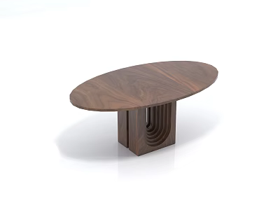 Modern Oval Walnut Wood Coffee Table With Unique Wooden Base Structure 3d model