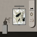 Abstract Painting With Black Frame On Beige Wall In Modern Interior With Decorative Shelves And Sculptures