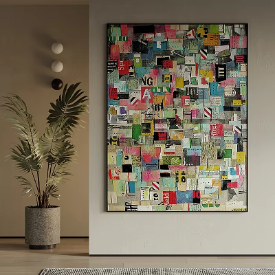 Colorful Collage Artwork On Wall With Paper Fragments And Green Plant 3d model