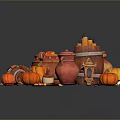 Orange Pumpkins Arranged With Clay Pots Autumn Leaves And Ram's Horn On Dark Surface