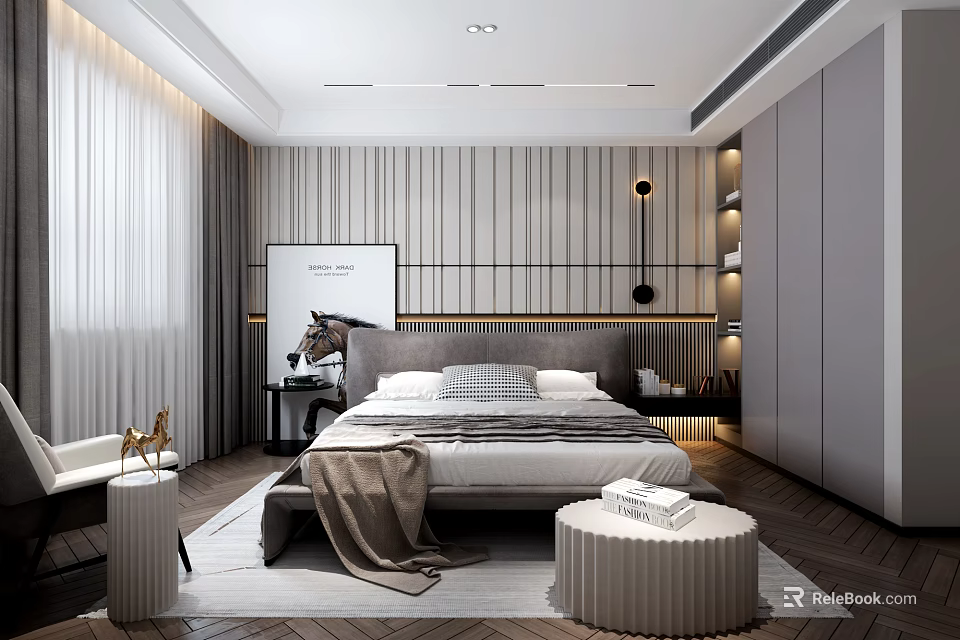 Modern Bedroom Interior With Striped Accent Wall Upholstered Headboard Built in Wardrobe And Round Stool 3d model 