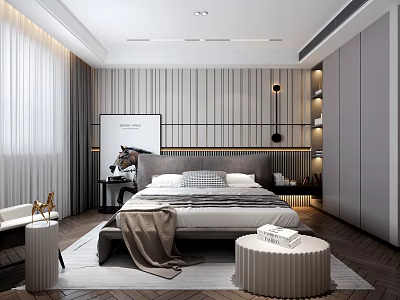 Modern Bedroom Interior With Striped Accent Wall Upholstered Headboard Built in Wardrobe And Round Stool 3d model
