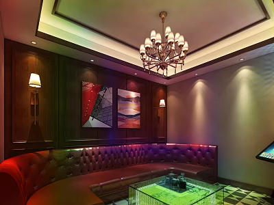 Elegant KTV Lounge Interior With Leather Sofas Chandelier And Decorative Paintings 3d model