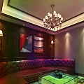 Elegant KTV Lounge Interior With Leather Sofas Chandelier And Decorative Paintings