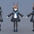 Anime Style Character With Rabbit Ears Black Coat White Inner Shirt And Three Angles View