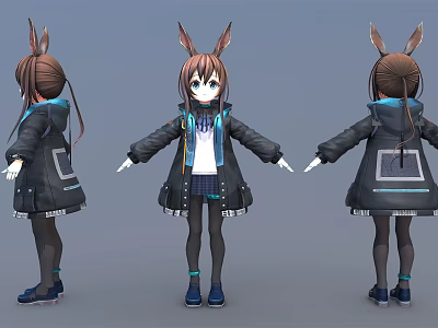 Anime Style Character With Rabbit Ears Black Coat White Inner Shirt And Three Angles View 3d model
