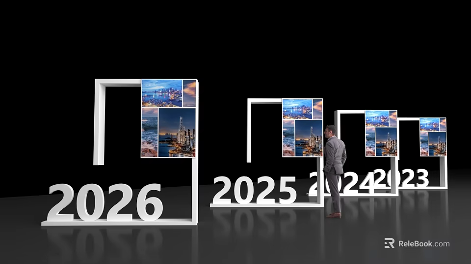 Event Passage With 2026 2025 2024 Numbers Frame Structures Cityscape Images And Man Standing 3d model 