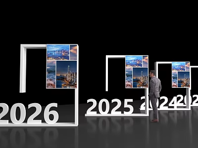 Event Passage With 2026 2025 2024 Numbers Frame Structures Cityscape Images And Man Standing 3d model