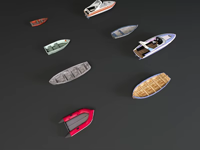 Various Wooden Boats With Classic Design And Different Colors On Dark Background 3d model