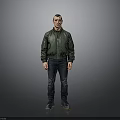 Man Standing in Green Bomber Jacket Blue Jeans and Boots on Gray Background