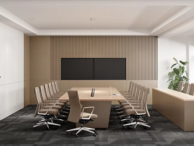 Modern Conference Room With Long Table Multiple Chairs Large Screen Wooden Wall And Green Plant 3d model