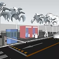 Urban Street Scene With Palm Trees Container Cabins Cyclist Car And Street Lamps
