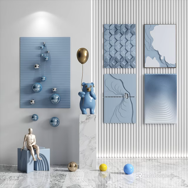 Modern Blue Wall Decor With Geometric Patterns Wave Textures And Decorative Balls 3d model