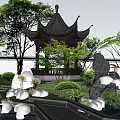 Traditional Chinese Garden Rockery Stones With Pond Waterfall Pavilion And Lush Green Plants