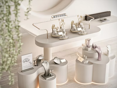 Luxury Jewelry Showcase Featuring Rings Necklaces On White Lit Stands With Greenery 3d model