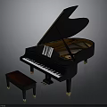 Black Grand Piano Furniture With Open Lid And Matching Wooden Bench