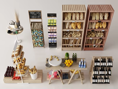 Multi Tiered Wooden Display Shelves for Bread Fruits Snacks and Bottled Drinks 3d model