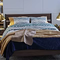 Modern Double Bed in Bedroom with Cozy Comforter Pillows Nightstands and Plants