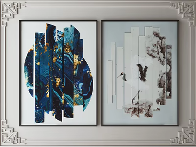 Abstract Ink Style Wall Art With Blue Gold Black White Frames On Chinese Wall 3d model