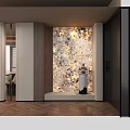 Luxurious Entryway Hallway With Glittering Decorative Wall Pedestal Sculpture And Herringbone Wooden Floor