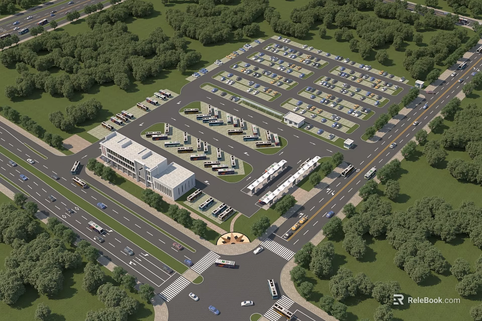 Organized Parking Lot With Surrounding Trees Central Building And Vehicles On Roads 3d model 