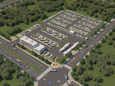 Organized Parking Lot With Surrounding Trees Central Building And Vehicles On Roads 3d model