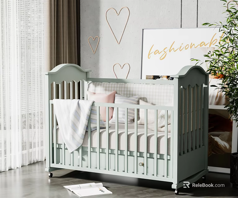 Soft Blue Baby Crib in Cozy Nursery with Heart Wall Decor and Green Plant 3d model 