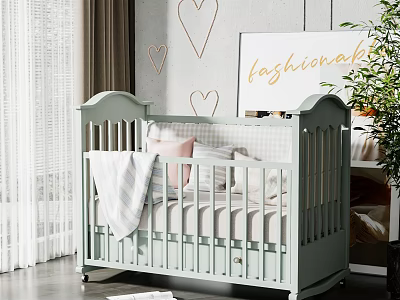Soft Blue Baby Crib in Cozy Nursery with Heart Wall Decor and Green Plant 3d model