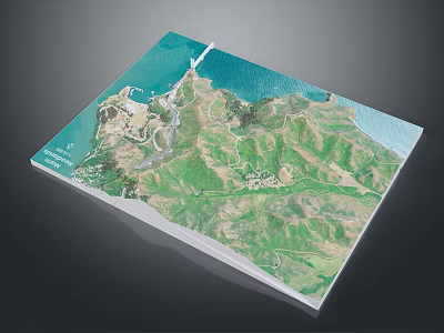Modern Coastal Area Development Plan Map With Green Mountains Blue Ocean Roads And Building Markers 3d model