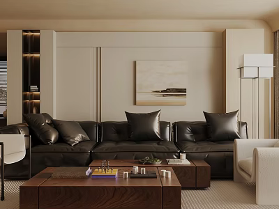 Modern Living Room Interior Design With Leather Sofa Coffee Table Floor Lamp And Artwork 3d model
